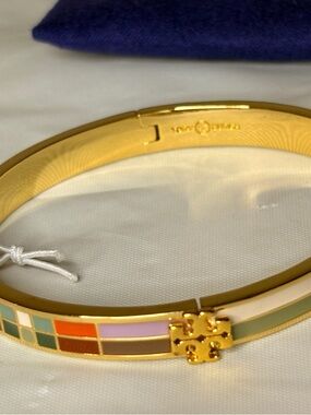 Tory Burch Gold Tone Multicolor Enamel Logo Bangle